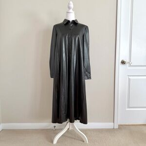 Goth Black Faux Leather Button-Up Shirt Dress